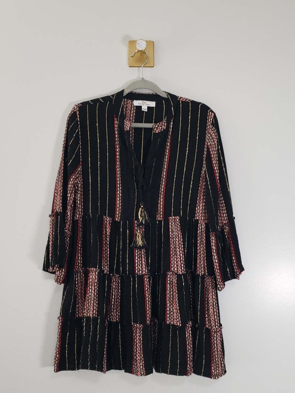 Turks & Caicos Swim Coverup Dress Large Black Red Striped Tiered Boho Tassels